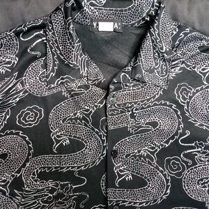 Vintage Y.M.L.A. Oriental Dragons Chinese Japanese Polyester Button Shirt